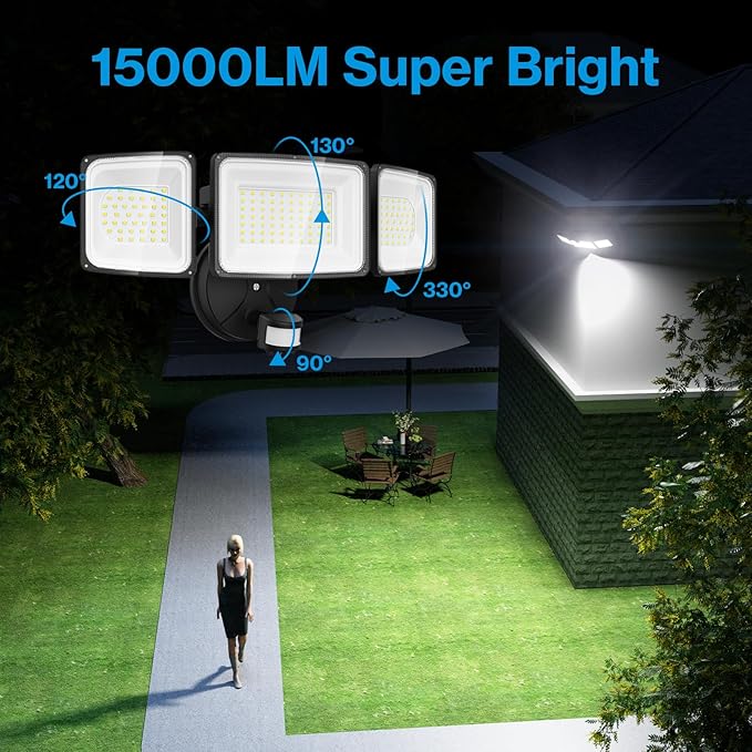 150W LED Security Lights Motion Sensor Light Outdoor, 15000LM Flood Lights Motion Detection IP66 Waterproof, 3 Head Adjustable Security Light Motion Outdoor for Yard Garage Porch