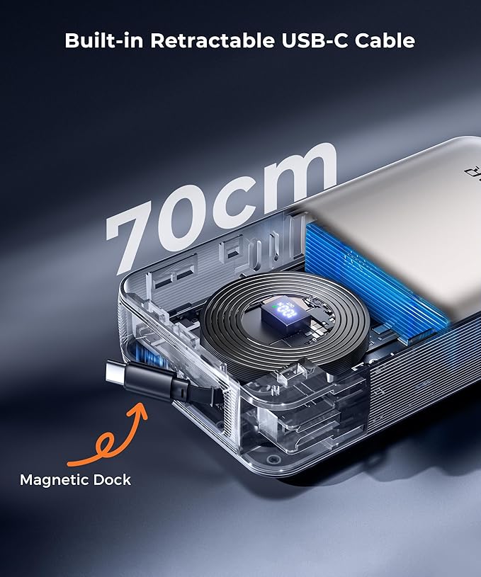 Portable Charger Power Bank - Laptop Battery Pack 65W AC Plug GaN 25000mAh Built in Cable USB C Phone Fast Charging Compatible with iPhone 16 15 14 13 12 11 X iPad MacBook Samsung (Gold)