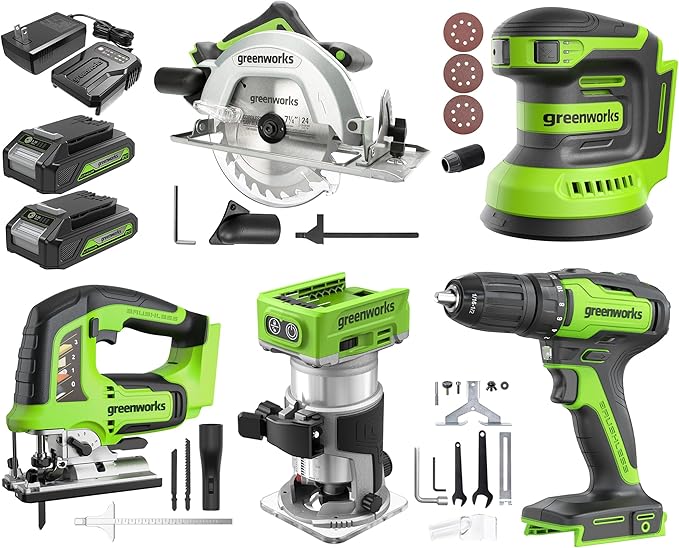 Greenworks 24V Brushless 5 pcs Cordless Power Tool Combo Kit, include Drill Driver, Circular Saw, Jigsaw, Wood Router, Sander, 2 x 2Ah Batteries and Charger