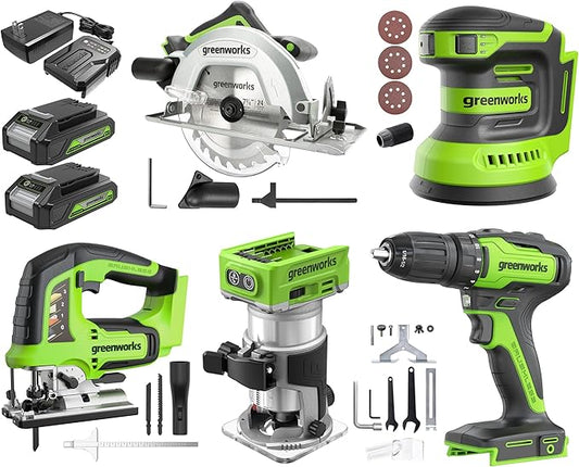 Greenworks 24V Brushless 5 pcs Cordless Power Tool Combo Kit, include Drill Driver, Circular Saw, Jigsaw, Wood Router, Sander, 2 x 2Ah Batteries and Charger