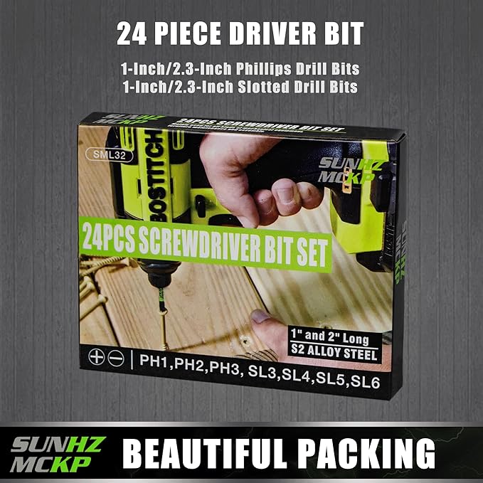 SUNHZMCKP 24-Piece Screwdriver Bit Set, Magnetic Slotted Phillips Driver Bit Set, S2 Steel, Long 1" and 2.3" Impact Screwdriving Drill Bits Set, 1/4 Inch Hex Shank Driver Bit