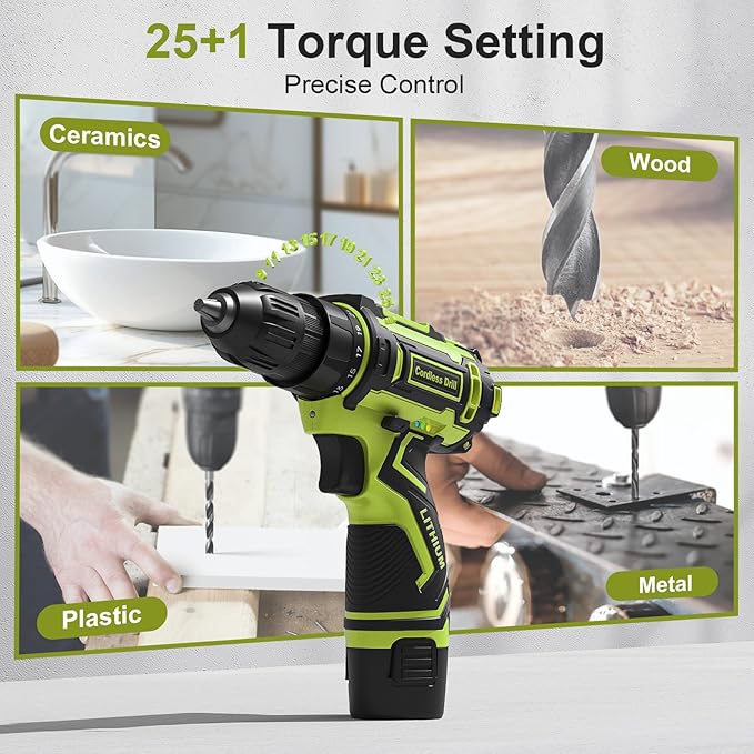 Cordless Drill Set,12V Power Drill Driver 3/8" Keyless Chuck with 42 Acessories, Built-in LED Light, 25+1 Position, Electric Drill for Home DIY Projects (Green)