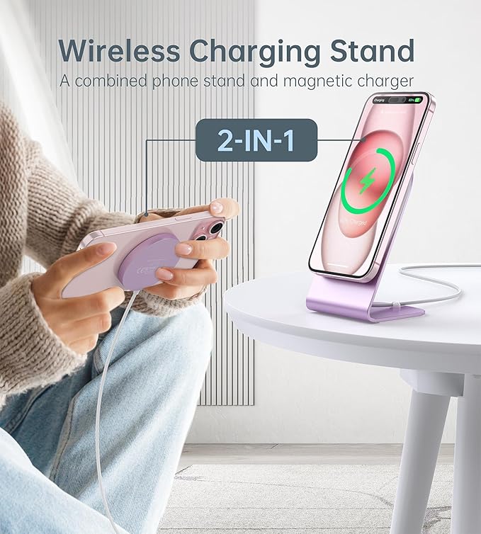 Magnetic Wireless Charger with Aluminum Charging Pad Stand Compatible with iPhone 16/15/14/13/12 Series，20W PD Charger&5ft Cable Included, Pink