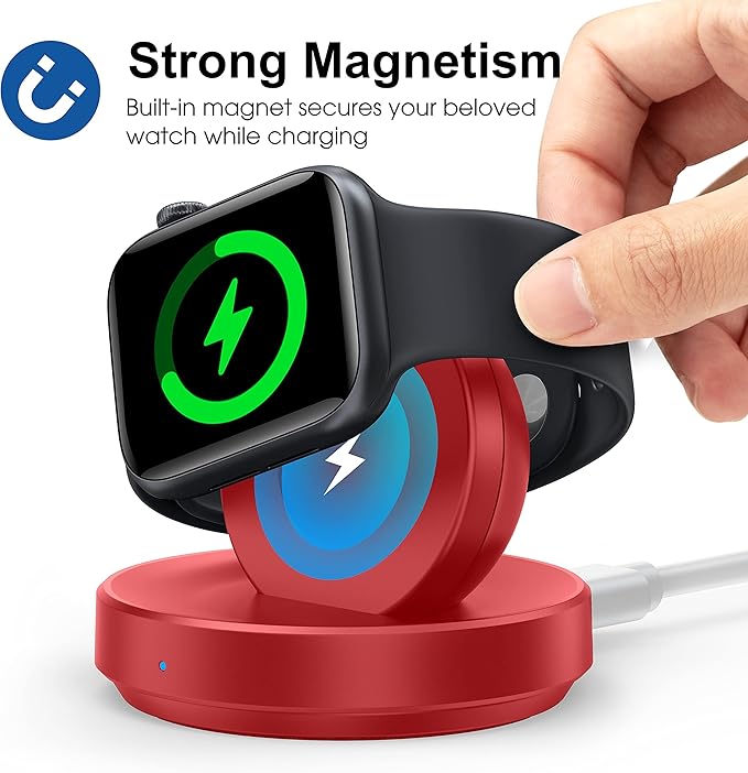 Portable Magnetic Charging Dock for Apple Watch, Wireless Fast Watch Charger Stand with Charging Cable, Support Nightstand Mode, Compatible with Apple Watch 10 9 8 7 SE 6 5 4 3 2/Ultra 2-Red
