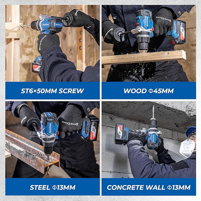 Dong Cheng 20V Brushless Hammer Drill, 1065 in-lbs, 1/2" Keyless Metal Chuck, 24+1+1 Clutch, Cordless Hammer Drill with 4.0Ah Battery Kit for Drilling Brick Wall, Metal, Wood