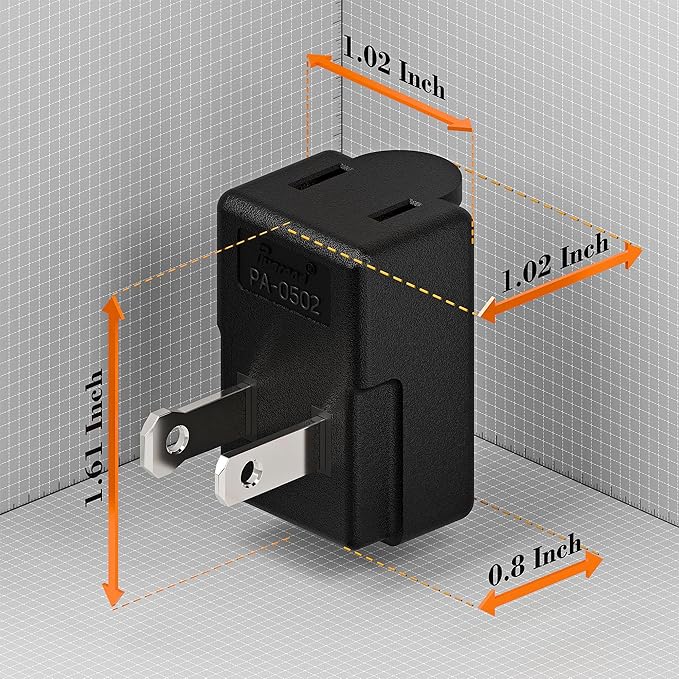 Right Angle Adapter,2-Prong 90 Degree Rightward Angled AC Adapter, Polarized 2-Prong L Type Adapter, Vertical Right Angled Down Angle Power Adapter, PA-0503B Black Color