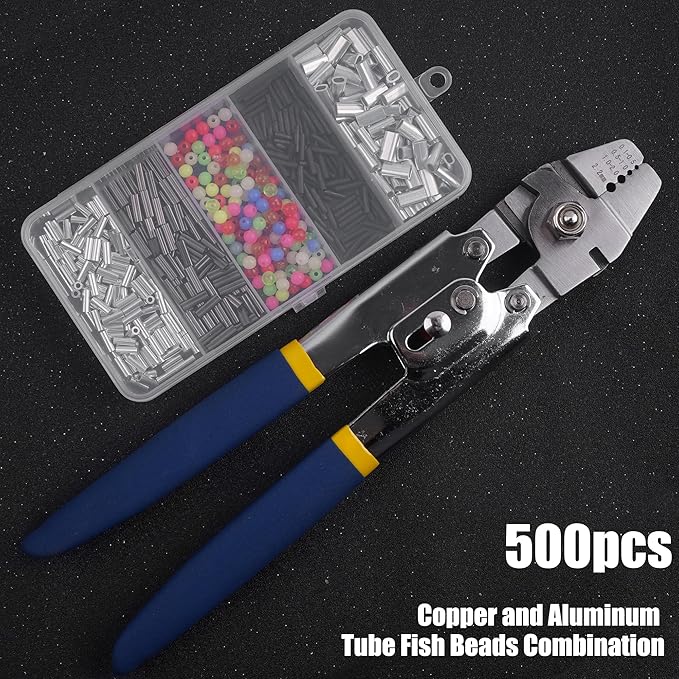 Fishing Crimping Pliers Crimp Sleeves Set,Wire Rope Crimping Tool Kit Heavy Duty Wire Leader Rope Crimper Plier 4 Size Crimping (Stainless Steel Plier+300pcs Mix Crimper Sleeves)