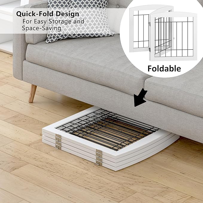 PAWLAND Free Standing Dog Gates for The House Stairs Doorways Indoor Foldable Wooden Small White Puppy Pet Gate Step Over Fence 60" W 24" H 3 Panels