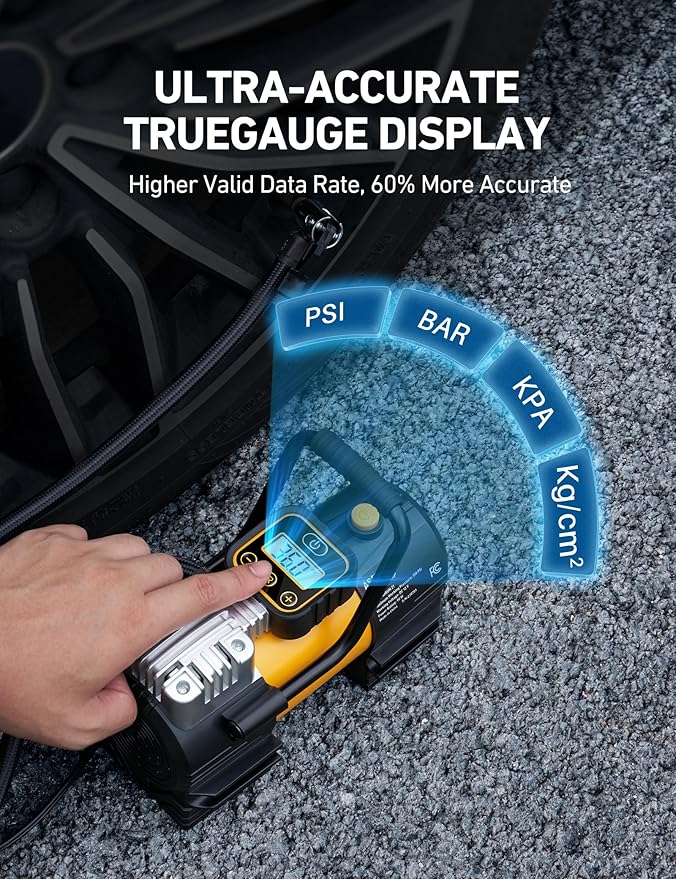 AstroAI Tire Inflator Portable Air Compressor (Up to 150 PSI) Tire Pump for Car 12V DC Digital Air Pump with 12 LEDs Super Bright Light for Bicycle, Motorcycle, Automotive Car Accessories