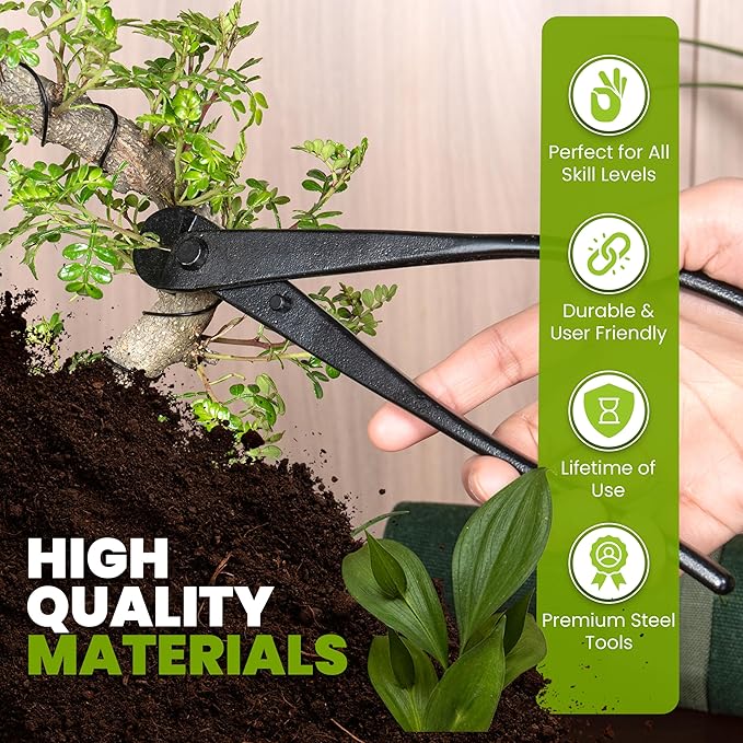 4PCS Bonsai Tool Set with Concave Cutter Wire Cutter Pruning Shears Root Pick | Bonsai Tools Kit with 5 Bonsai Shaping Wires and Waterproof Canvas Roll Bag