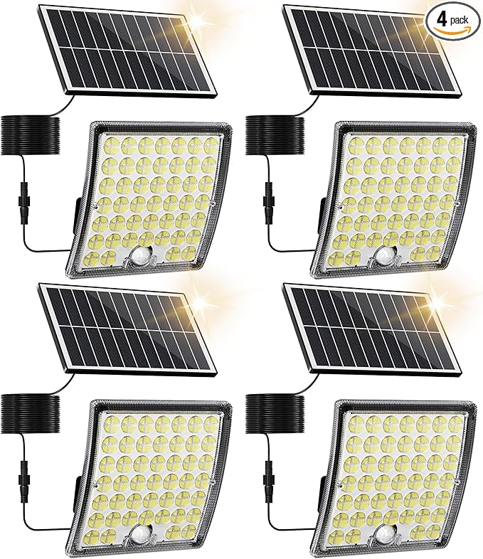 JACKYLED Solar Lights Outdoor Waterproof, Motion Sensor Security Flood Lights Convex Lens Amplified 50% Brighter with 16.4ft Extension Cord, Security Light for Barn, Porch, Backyard,4-Pack