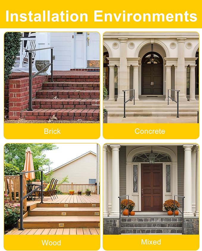 Hand Rails for Outdoor Steps, 1-3 Step Adjustable Stair Handrail Kit, 40" x 36" Wrought Iron Railing, Exterior Hand Rail for Porch Deck Garage and Garden