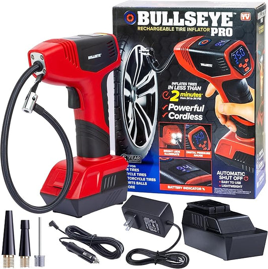 BULLSEYE PRO Tire Inflator with Pressure Gauge, Compact and Portable, Automatic Shut Off, 150 PSI Max, USB Home Rechargeable and Cord for Vehicular Use As Seen On TV (9475)