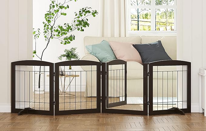 PAWLAND Freestanding Dog gate with Walk Through Door, Dog Gates for Doorways, The House, Stairs, 80" Wide Pet Puppy Safety Fence with Support Feet, 4 Panels, Espresso