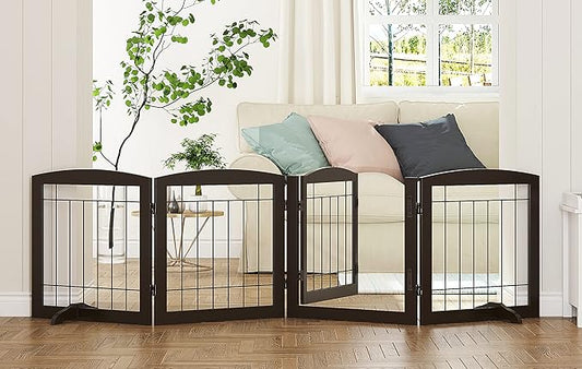 PAWLAND Freestanding Dog gate with Walk Through Door, Dog Gates for Doorways, The House, Stairs, 80" Wide Pet Puppy Safety Fence with Support Feet, 4 Panels, Espresso
