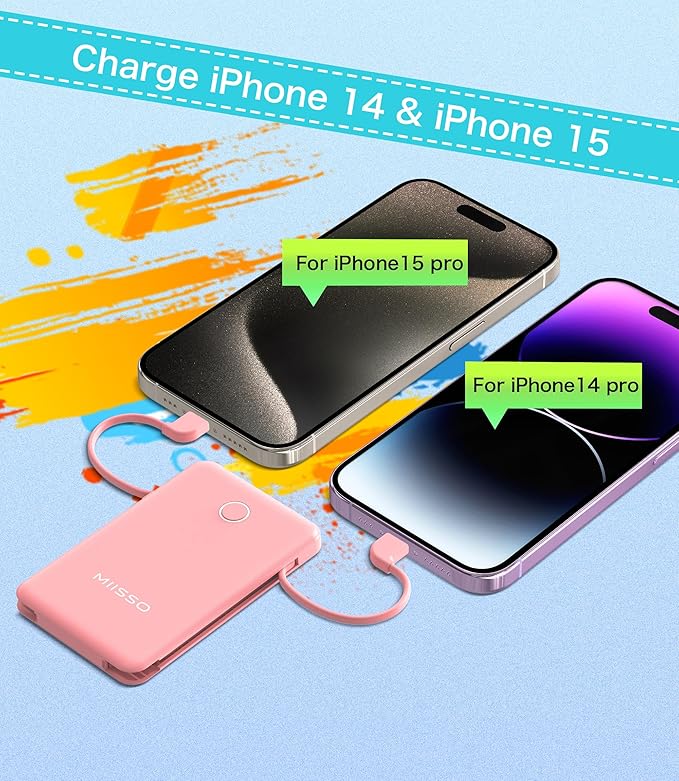 6000mah Ultra Slim Built in Cables Power Bank, Card Size Built in USB C Cords Battery Pack Portable Charger for Phones, 3 Output External Battery Pack Compatible with iPhone, Samsung, Light Pink