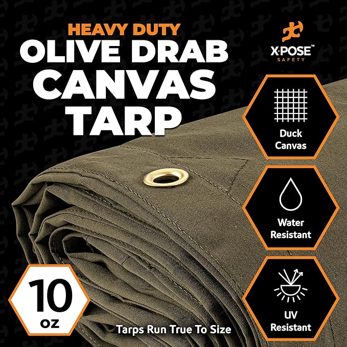 Xpose Safety Canvas Tarp - 10oz Olive Drab Canvas Tarps Heavy Duty Water Resistant with Brass Grommets- Multipurpose Outdoor Tarpaulin for Camping, Canopy, Trailer, Equipment Cover 20' x 40'
