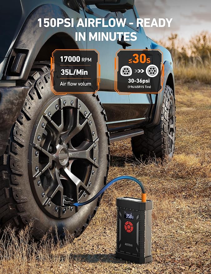 AstroAI A30 Jump Starter with Air Compressor, 4000A & 150PSI Portable Car Battery Jump Starter (10.0 Gas/8.0L Diesel) with Tire Inflator, 12V Battery Charger, 18W Quick Charge, Jumper Cables, Lights