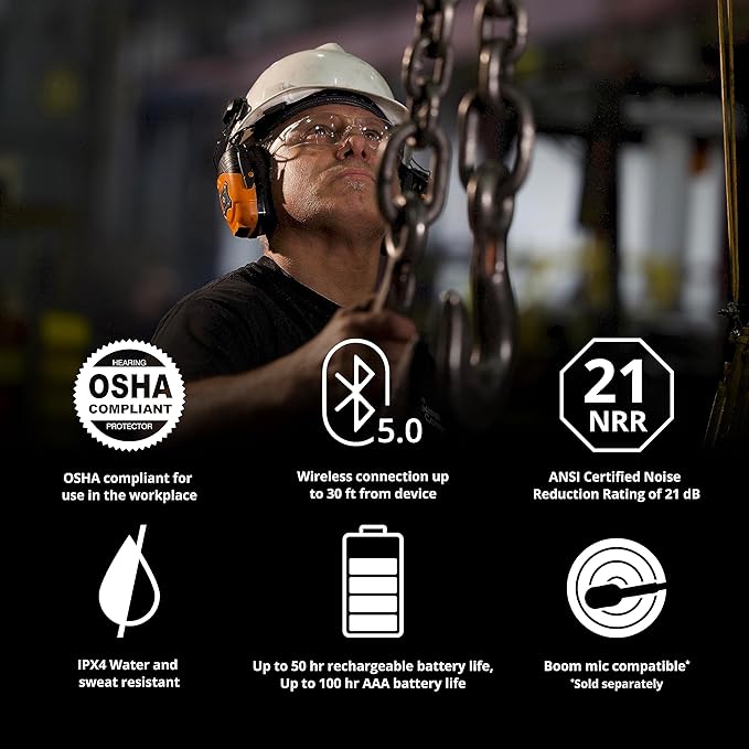 ISOtunes LINK Bluetooth Helmet Mount Earmuffs: Ultra Durable OSHA Compliant Bluetooth Hearing Protection Headphones for Work