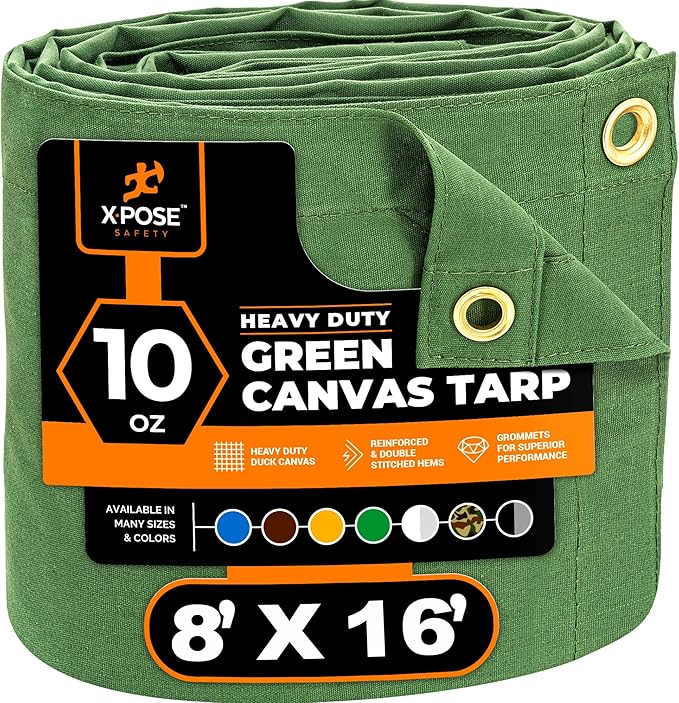 Xpose Safety Canvas Tarp - 10oz Green Canvas Tarps Heavy Duty Water Resistant with Brass Grommets- Multipurpose Outdoor Tarpaulin for Camping, Canopy, Trailer, Equipment Cover 8' x 16'