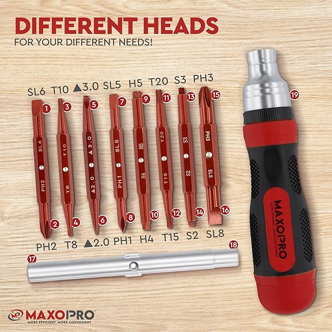 Ratcheting Screwdriver Set with Magnetic Tips - 19 In 1 Ratchet Multi Screwdriver - Portable and Multipurpose All In One Screwdriver, Phillips//Torx-Star/Hex/Square Bits