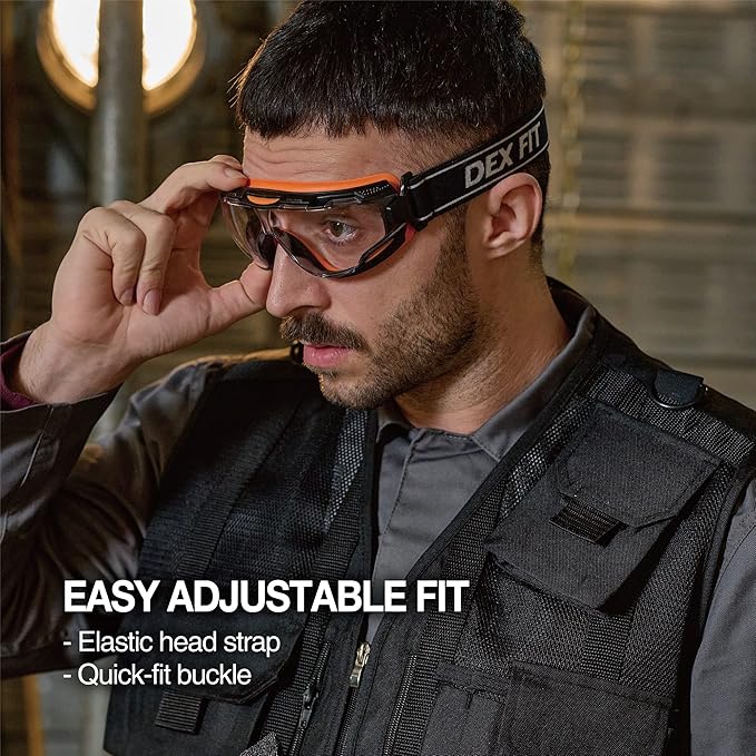 DEX FIT Protective Safety Goggles SG220; Anti Fog & Scratch, Z87 Eye Protection for Lab, Science, and Chemistry Work, Adjustable for Women and Men, (Black & Orange Frame, Clear Lens, 19cm Strap)