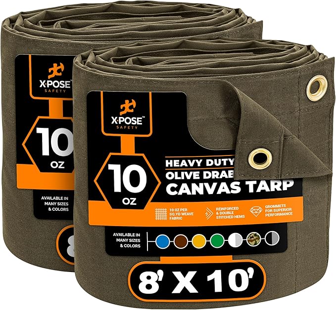 Xpose Safety Canvas Tarp - 10oz Olive Drab Canvas Tarps Heavy Duty Water Resistant with Brass Grommets- Multipurpose Outdoor Tarpaulin for Camping, Canopy, Trailer, Equipment Cover 8' x 10' (2 Pack)