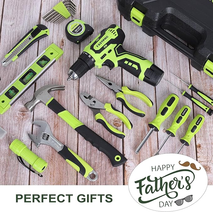 FASTPRO 160-Piece Home Tool kit with Drill, 12V Cordless Lithium-ion Drill Driver and Household Repairing Tool Set with Storage Case, For DIY, Home Maintenance, Green