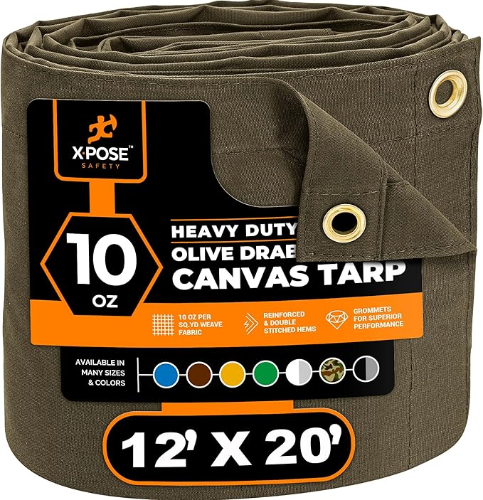 Xpose Safety Canvas Tarp - 10oz Olive Drab Canvas Tarps Heavy Duty Water Resistant with Brass Grommets- Multipurpose Outdoor Tarpaulin for Camping, Canopy, Trailer, Equipment Cover 12' x 20'