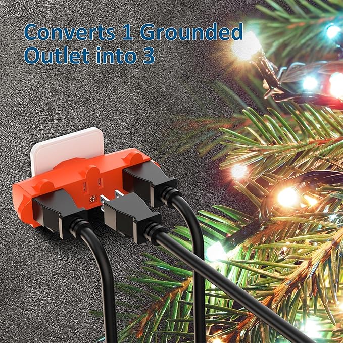 ETL Listed 3 Outlet Grounding Adapter, BTU Three Plug Outlet Adapter Splitter, Heavy Duty Grounded Power Tap, 3-Prong Outlet Adapter, Multi-Plug Extender, Orange (Pack of 3)