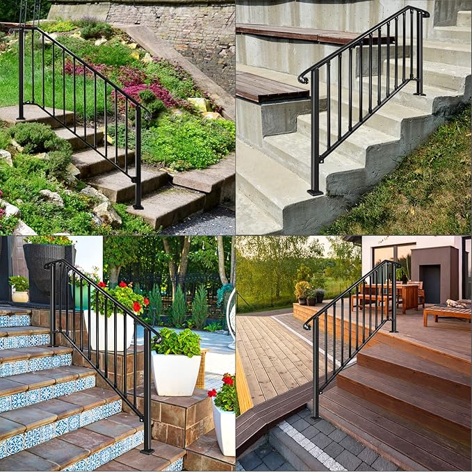 Adjustable Handrails for Outdoor Steps, Handrail Picket #4 Fits 4 or 5 Steps, Mattle Wrought Iron Handrail, Stair Rail with Installation Kit for Outdoor Steps
