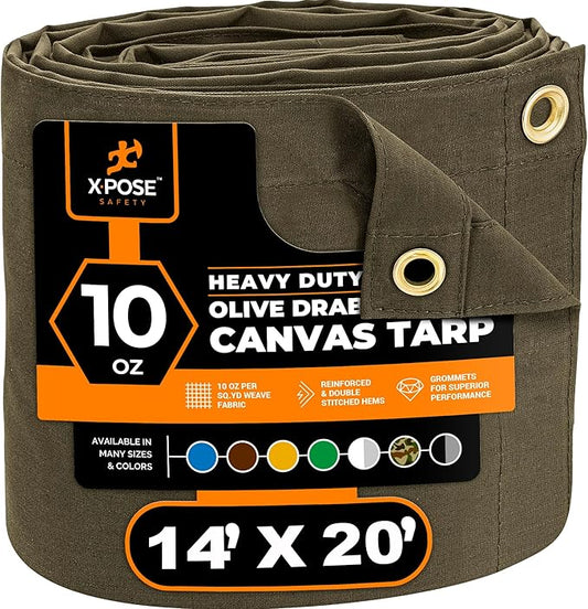Xpose Safety Canvas Tarp - 10oz Olive Drab Canvas Tarps Heavy Duty Water Resistant with Brass Grommets- Multipurpose Outdoor Tarpaulin for Camping, Canopy, Trailer, Equipment Cover 14' x 20'