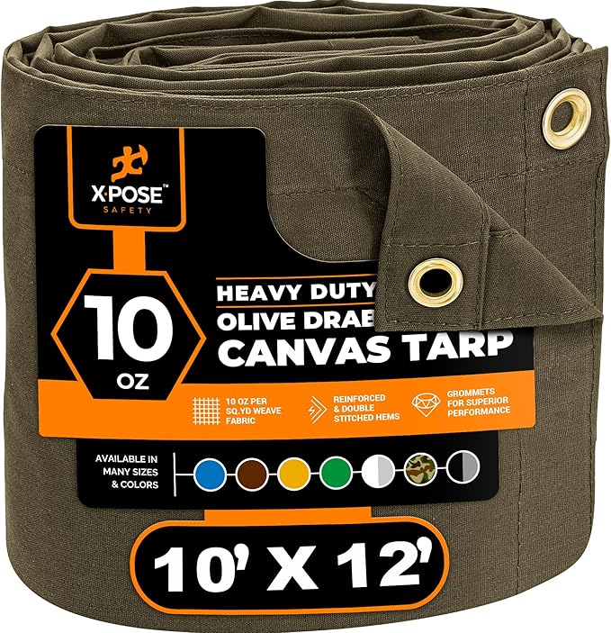 Xpose Safety Canvas Tarp - 10oz Olive Drab Canvas Tarps Heavy Duty Water Resistant with Brass Grommets- Multipurpose Outdoor Tarpaulin for Camping, Canopy, Trailer, Equipment Cover 10' x 12'