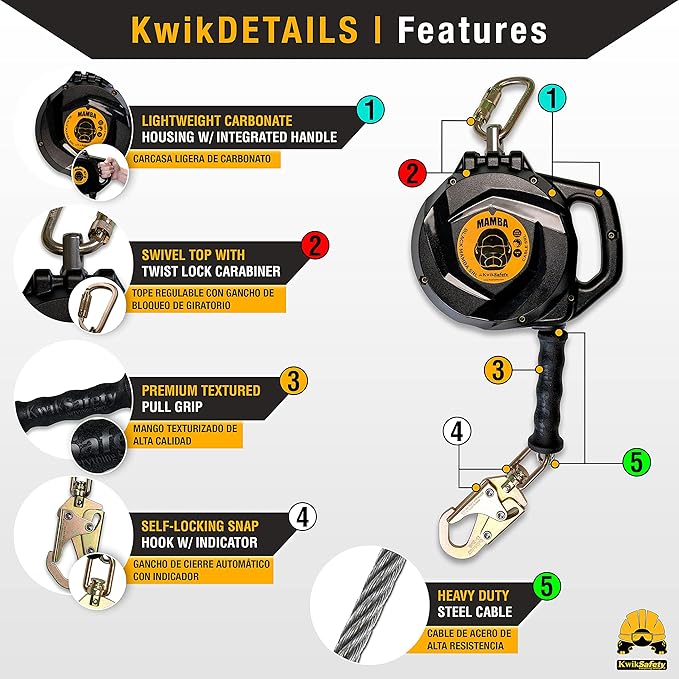 KwikSafety - Charlotte, NC - Mamba 33’ Self Retracting Lifeline [Carbonate + Integrated Handle] Class 1 Cable SRL ANSI OSHA Retractable Fall Arrest Safety Roofing Construction Gear