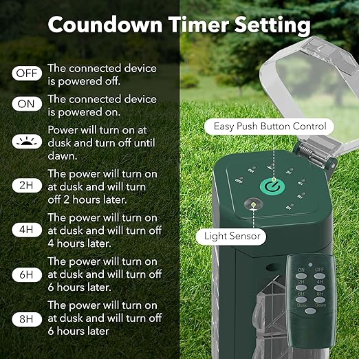 HBN Outdoor Power Strip Timer with Photocell Remote Control,Yard Stake Countdown (2,4,6,8 Hour),Weatherproof Outside Timer Dusk to Dawn for Halloween/Christmas Lights,6 Outlets,6ft Cord