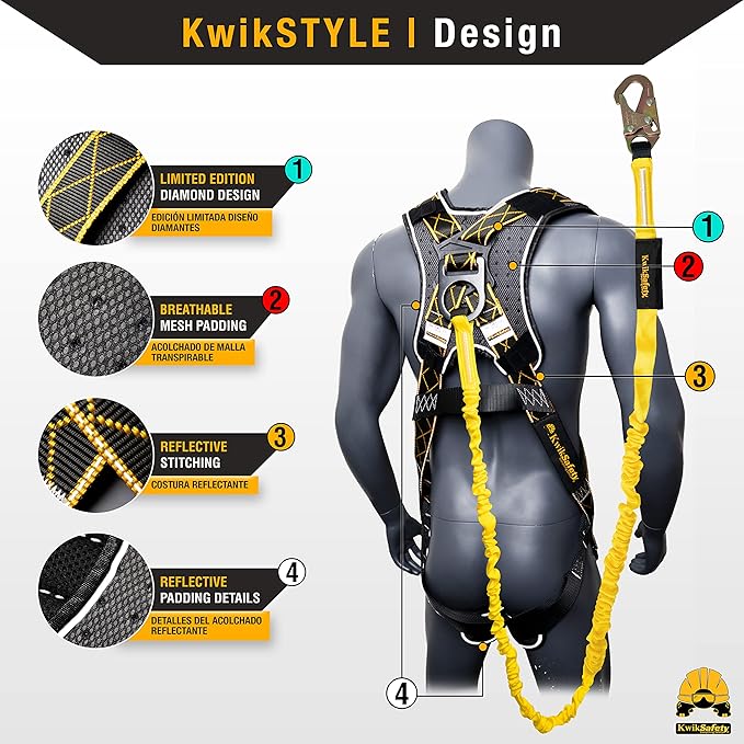 KwikSafety - SCORPION Safety Harness [w/Attached 6ft Lanyard] Safety Harness Fall Protection Kit ANSI OSHA