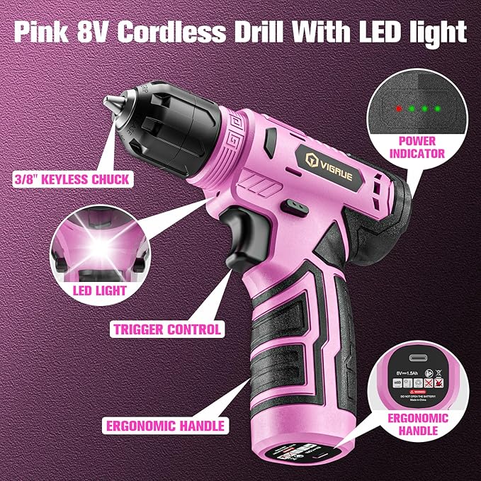 VIGRUE Tool Set with 8V Cordless Drill, Tool Kit with Drill, ToolBox for Men & Women, Home Hand Drill Set for Handyman, DIY (pink) 278 PCS