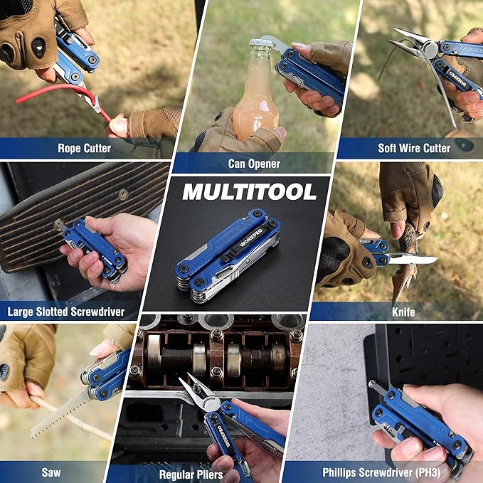WORKPRO 18-in-1 Multi Tool Pliers, Gifts for Dad, Stainless Steel EDC Multitool with Pocket Knife, 2 Safety Locks, Belt Clip and Oxford Pouch, Multipurpose Utility Multiuse Tool for Outdoor Activities