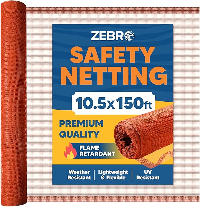 Fire Retardant Debris Safety Netting (10.5' x 150' - Orange) - High Visibility Construction & Scaffolding & Railing & Elevator Netting for Enhanced Safety - Construction Fencing