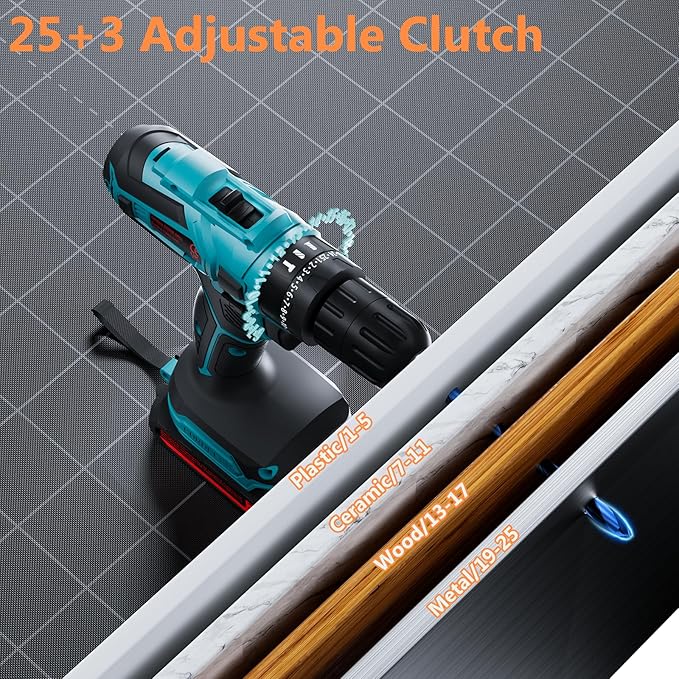 Cordless Drill with 2 Batteries and Charger, 21V Electric Drill Cordless, Portable Power drill Set, 3/8" Keyless Chuck, 2 Variable Speed, 25+ 3 Clutch, 398 In-lb Max Torque