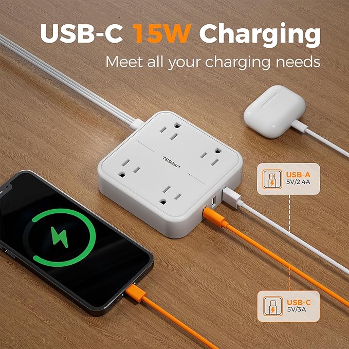 Surge Protector Flat Extension Cord 10FT, TESSAN Flat Plug Power Strip with 4 Outlets 3 USB Ports (1 USB C), 900 Joules Protection, Multiple Wall Outlet Extender Suitable for Home Office Dorm, White