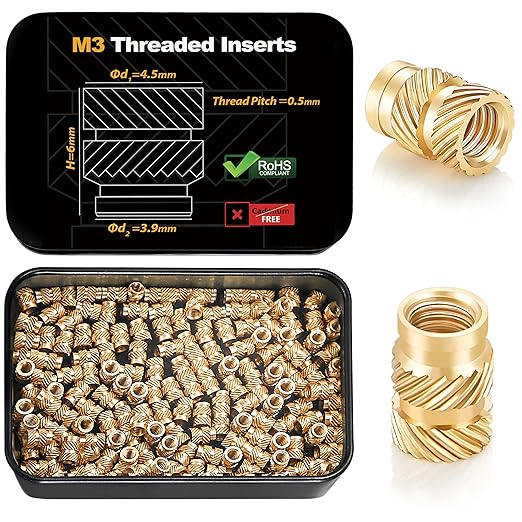 Kadrick 200Pcs M3 Threaded Inserts for 3D Printing Components,M3*H6*D4.5 Metric Brass Knurled Nuts, Insert by Heat into Plastic Parts