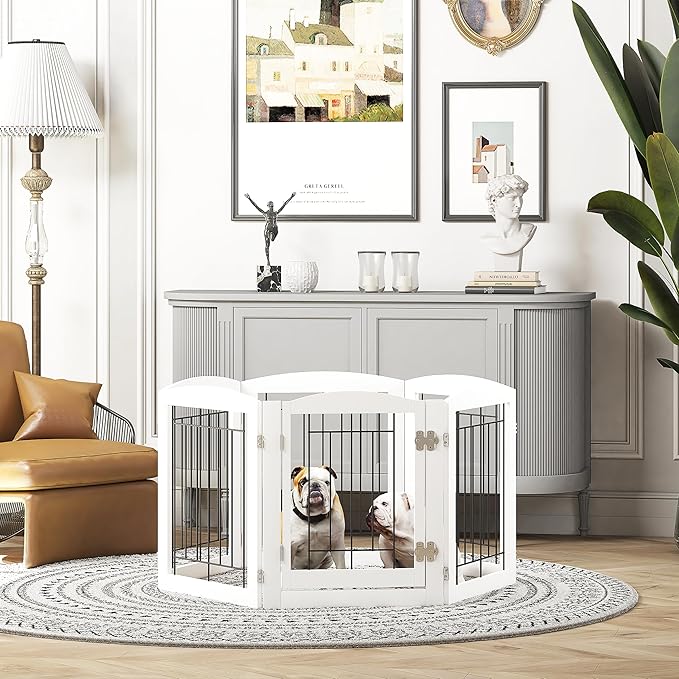 PAWLAND Dog Gate Indoor with Walk Through Door, Foldable Free Standing Pet Gate for Doorways, Stairs, The Houes, Pet Puppy Safety Fence, 120 in Extra Wide, 6 Panels, Support Feet Included, White