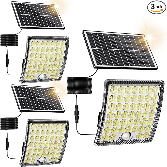 JACKYLED Solar Lights Outdoor Waterproof, Motion Sensor Security Flood Lights Convex Lens Amplified 50% Brighter with 16.4ft Extension Cord, Security Lights for Barn, Porch, Backyard,3-Pack