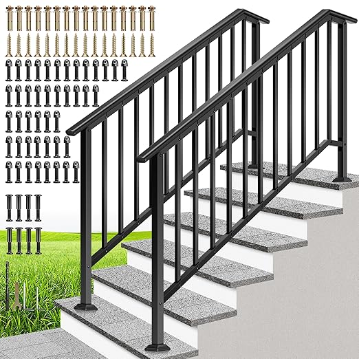 VIVOHOME 2-Pack 6 Step Galvanized Steel Hand Rails for Outdoor Steps – Black Oval and Safety Balusters Exterior Railing for Porch, Deck, or Indoor Stairs, Complete Installation Kit
