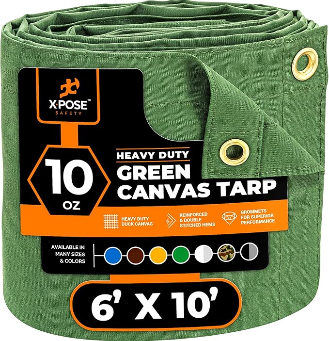 Xpose Safety Canvas Tarp - 10oz Green Canvas Tarps Heavy Duty Water Resistant with Brass Grommets- Multipurpose Outdoor Tarpaulin for Camping, Canopy, Trailer, Equipment Cover 6' x 10'
