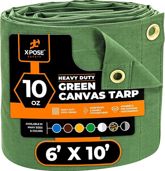 Xpose Safety Canvas Tarp - 10oz Green Canvas Tarps Heavy Duty Water Resistant with Brass Grommets- Multipurpose Outdoor Tarpaulin for Camping, Canopy, Trailer, Equipment Cover 6' x 10'