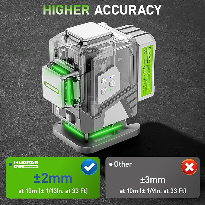 HueparPro Laser Level 3D Self Leveling Green Beam Tiling Laser Tool, 12 Lines Highly Accurate Professional Floor Laser with 8000mAh Rechargeable Li-ion Battery, Magnetic Bracket and Hard Case ZK03DG