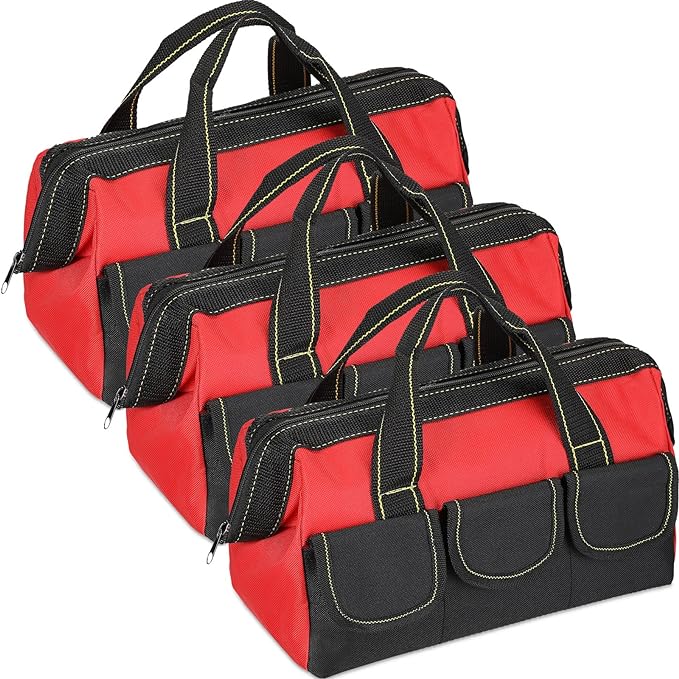 Sanwuta 3 Pack Tool Bag for Men with Waterproof Hard Bottom, Heavy Duty Tool Bag Wide Mouth Tote for Various Instrument, Electrician Carpenter Mechanic(13 Inch,Red)