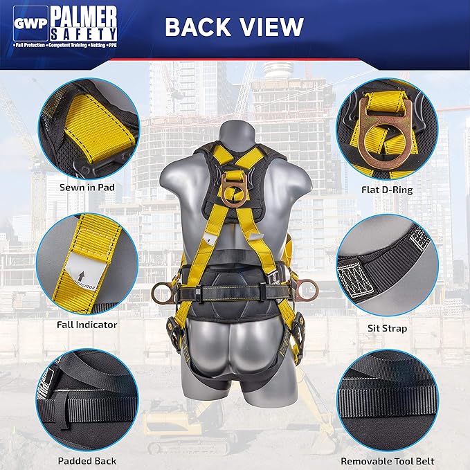 Palmer Safety Hammerhead 5pt Safety Harness Back Padded, QCB Chest, Tongue Buckel Legs Straps, Back & Side D-Rings